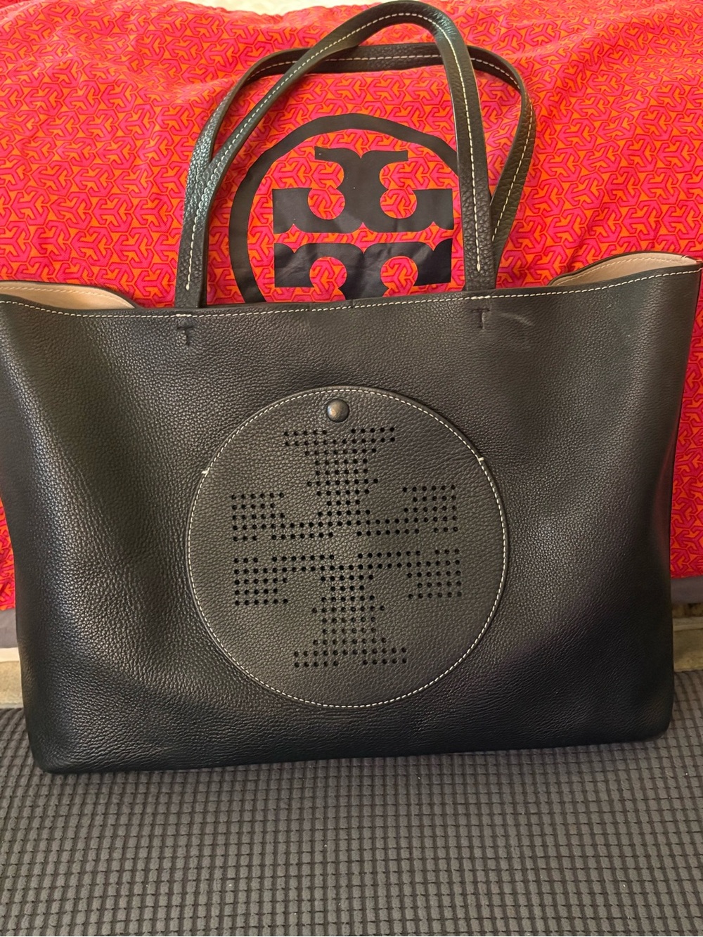 Tory Burch Black Perforated Logo Pebbled Leather Tote